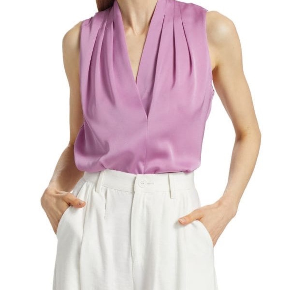 Silk sleeveless blouse with pleated neckline in tulip / purple
